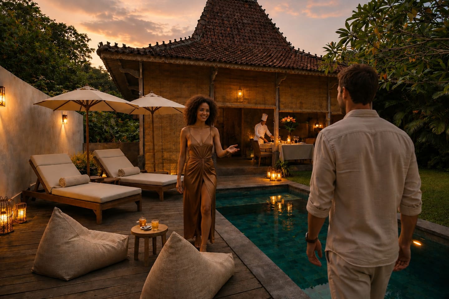 Guests beside the pool at the Pererenan villa